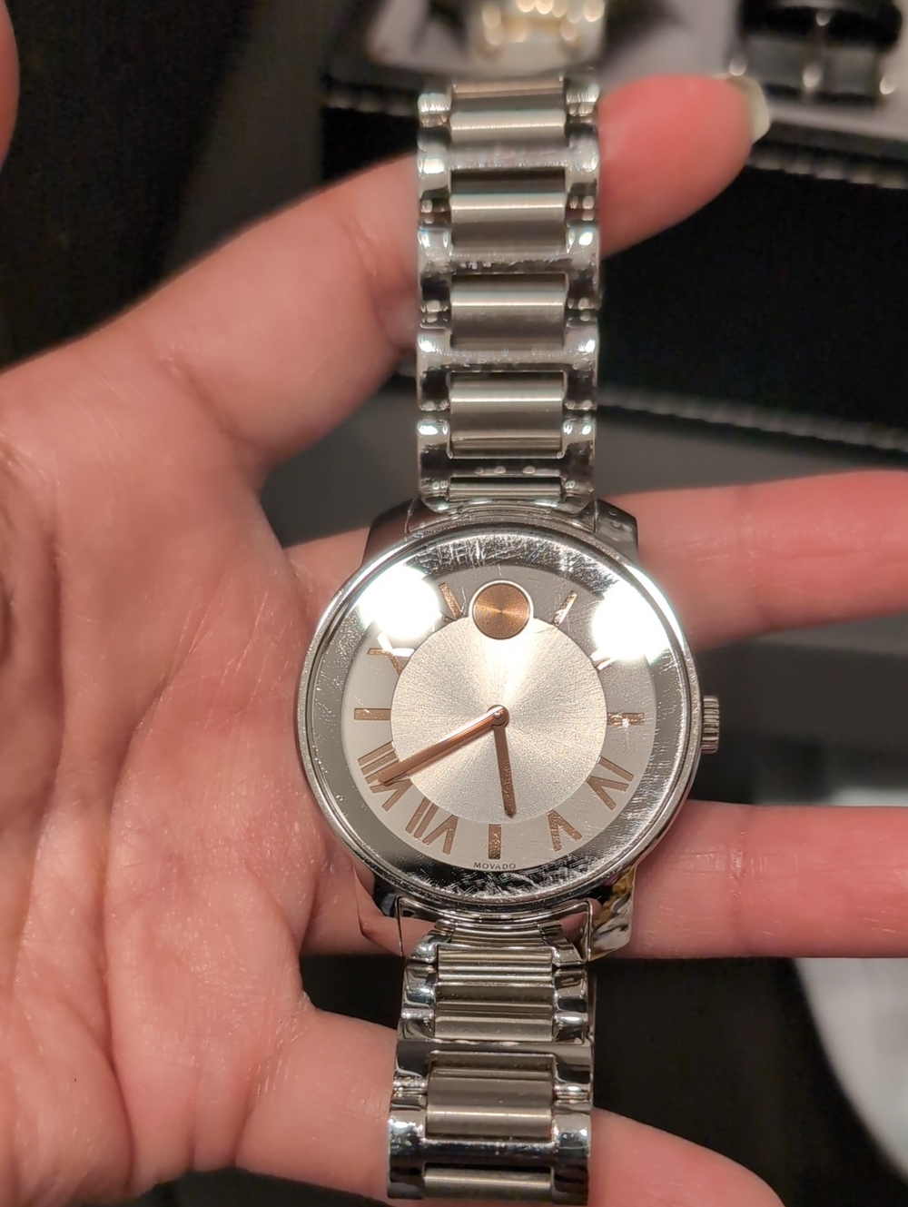 Movado Silver Watch with Rose Gold Accents